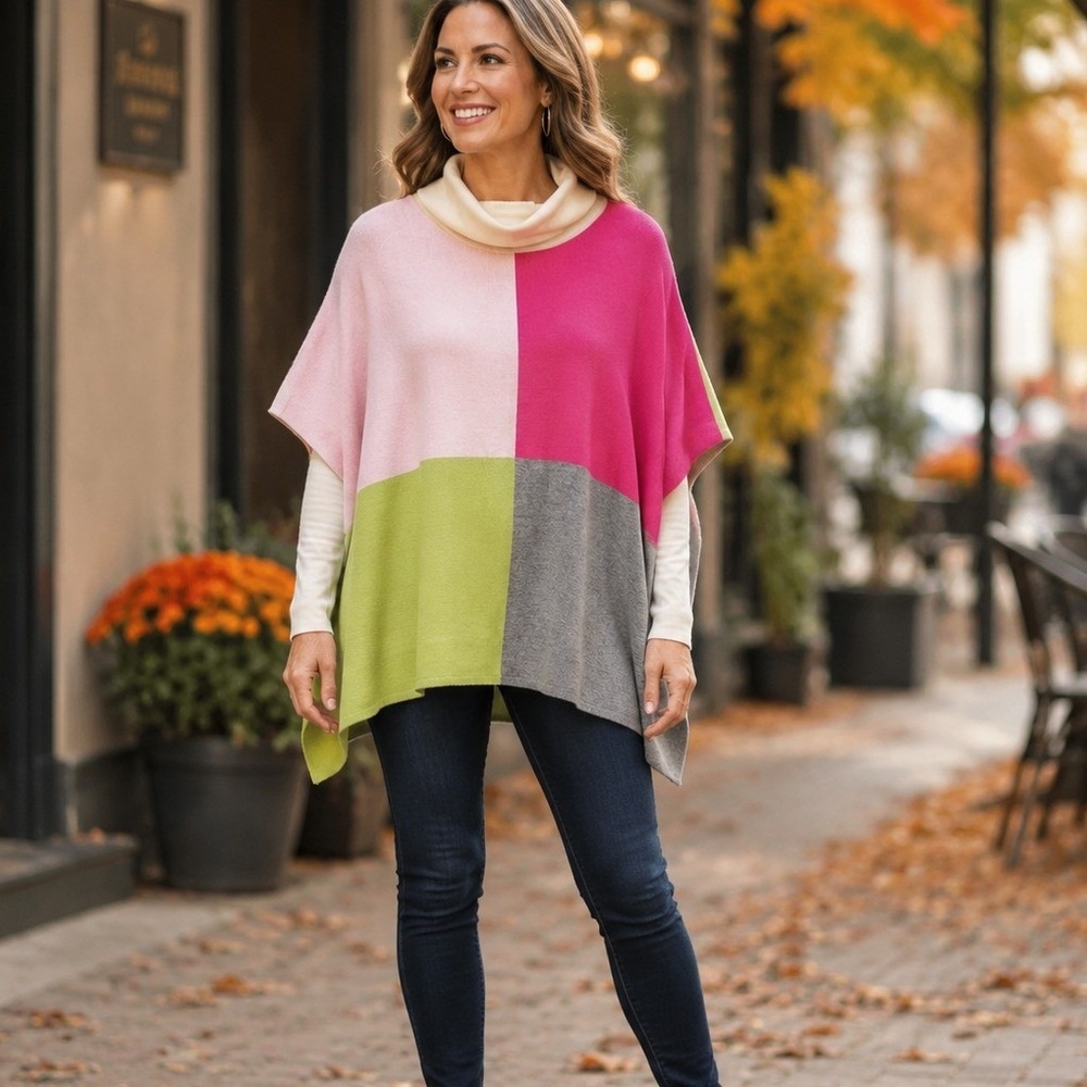 Alabama Pants Store Women's Colorblock Cowl Neck Poncho Sweater Cape Size Small